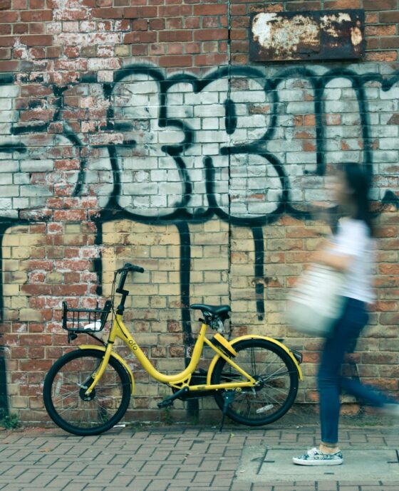 woman walking beside bike