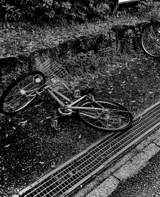 a black and white photo of a bike leaning against a fence