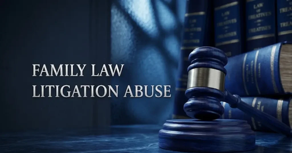 A Dark Blue Themed image containing a text saying "Family Law Litigation Abuse"